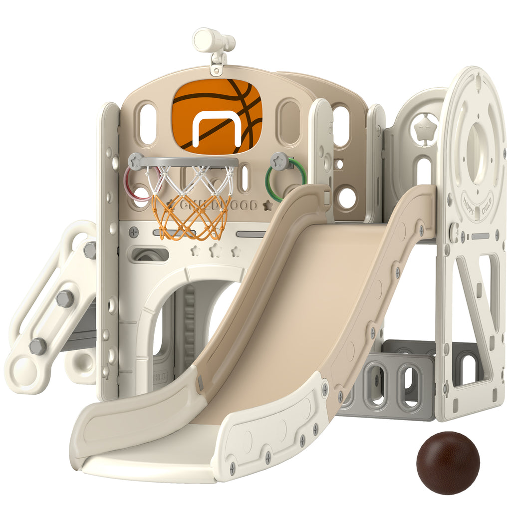 Kinder-Spielger¨¹st, 7-in-1 Rutsche, Indoor Spielplatz mit Stauraum und Krabbeltunnel, 186x153x111 cm, Cremewei?