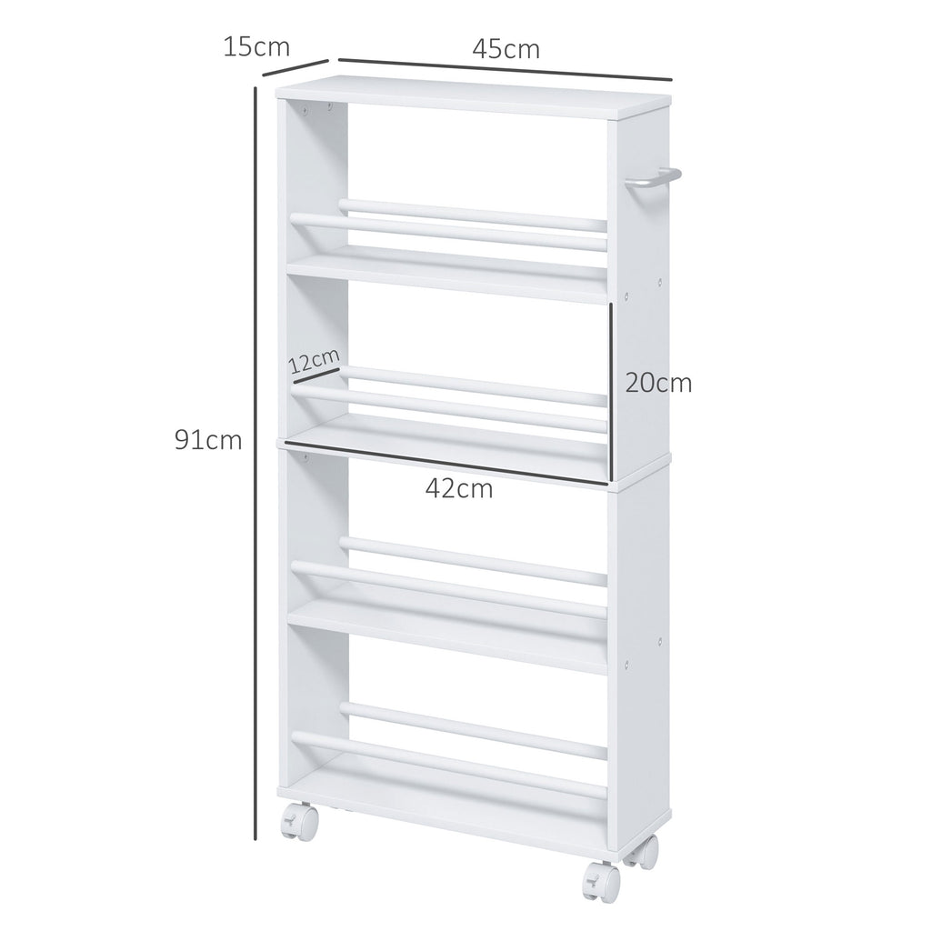 Multifunktionsregal mit Rollen, schmale Bauweise, 4 F?cher, 45x15x91 cm, Wei?