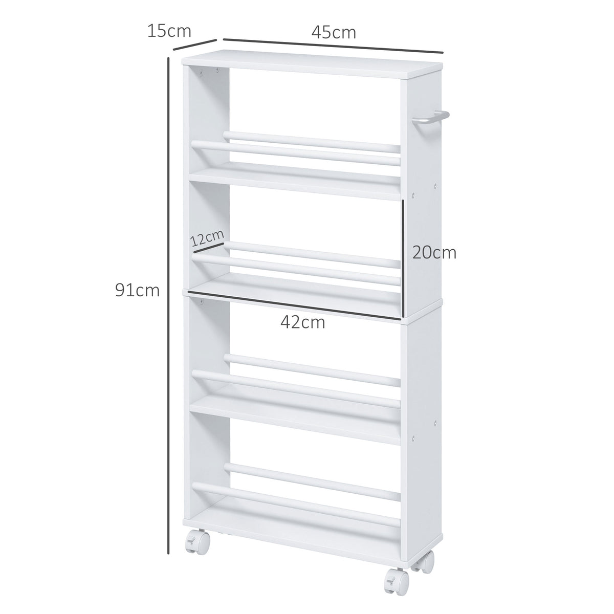 Multifunktionsregal mit Rollen, schmale Bauweise, 4 F?cher, 45x15x91 cm, Wei?