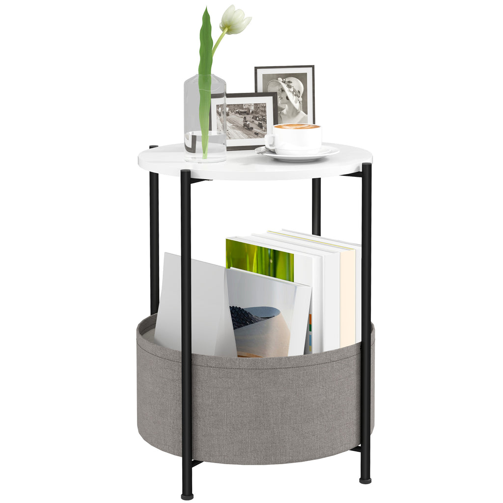 Runder Beistelltisch mit Stoffkorb, 2-stufiger Kaffeetisch f¨¹r Wohnzimmer, Schlafzimmer, kleine R?ume, Metall, Grau+Wei?