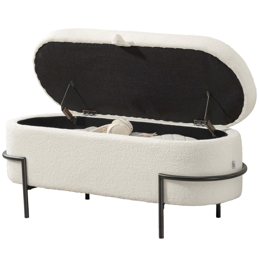 Aufbewahrungs-Hocker, Sitzhocker mit Deckel und Stauraum, Stahlbeine, Polsterhocker mit Fleece-Bezug, Cremewei?
