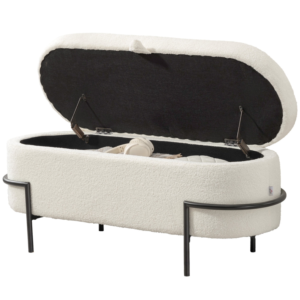 Aufbewahrungs-Hocker, Sitzhocker mit Deckel und Stauraum, Stahlbeine, Polsterhocker mit Fleece-Bezug, Cremewei?