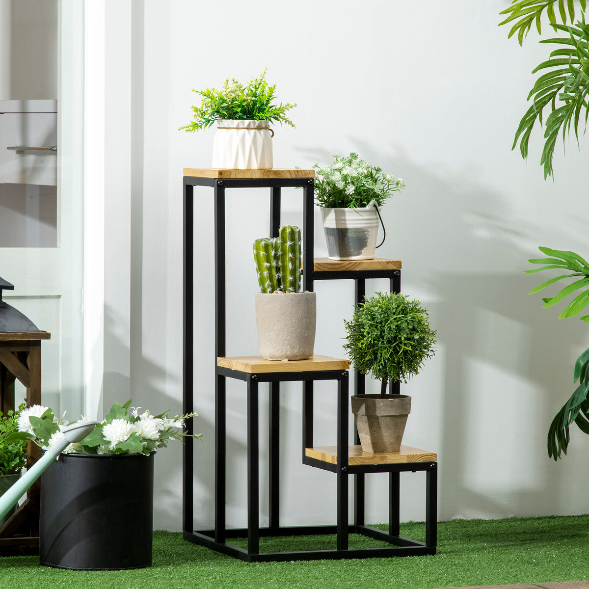 Pflanzenst?nder im Industrie Design mit 4 Regalen, Blumentreppe, 34 cm x 34 cm x 66 cm, Natur + Schwarz
