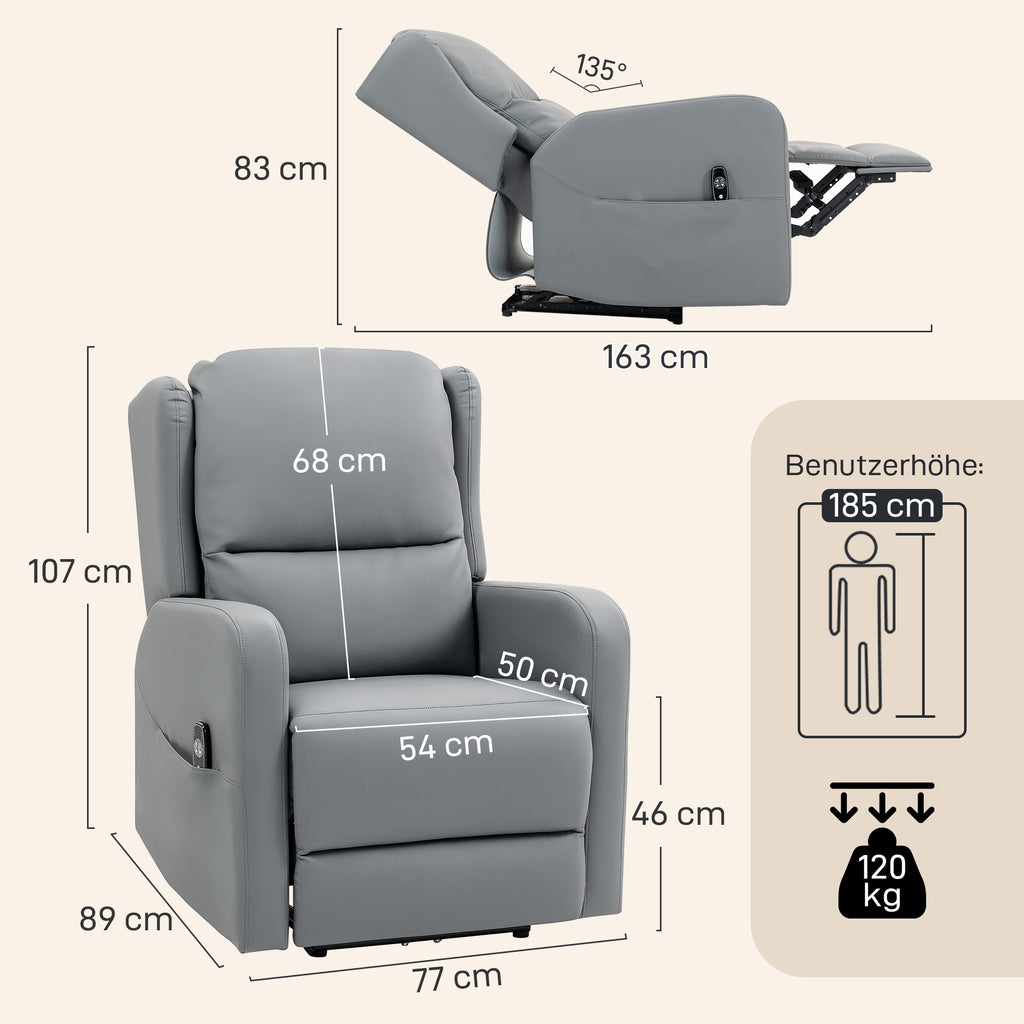Massagesessel mit R¨¹cklehnfunktion, Kunstleder, elektrisch verstellbar, Fu?st¨¹tze, Seitentasche, Stahlrahmen, Grau