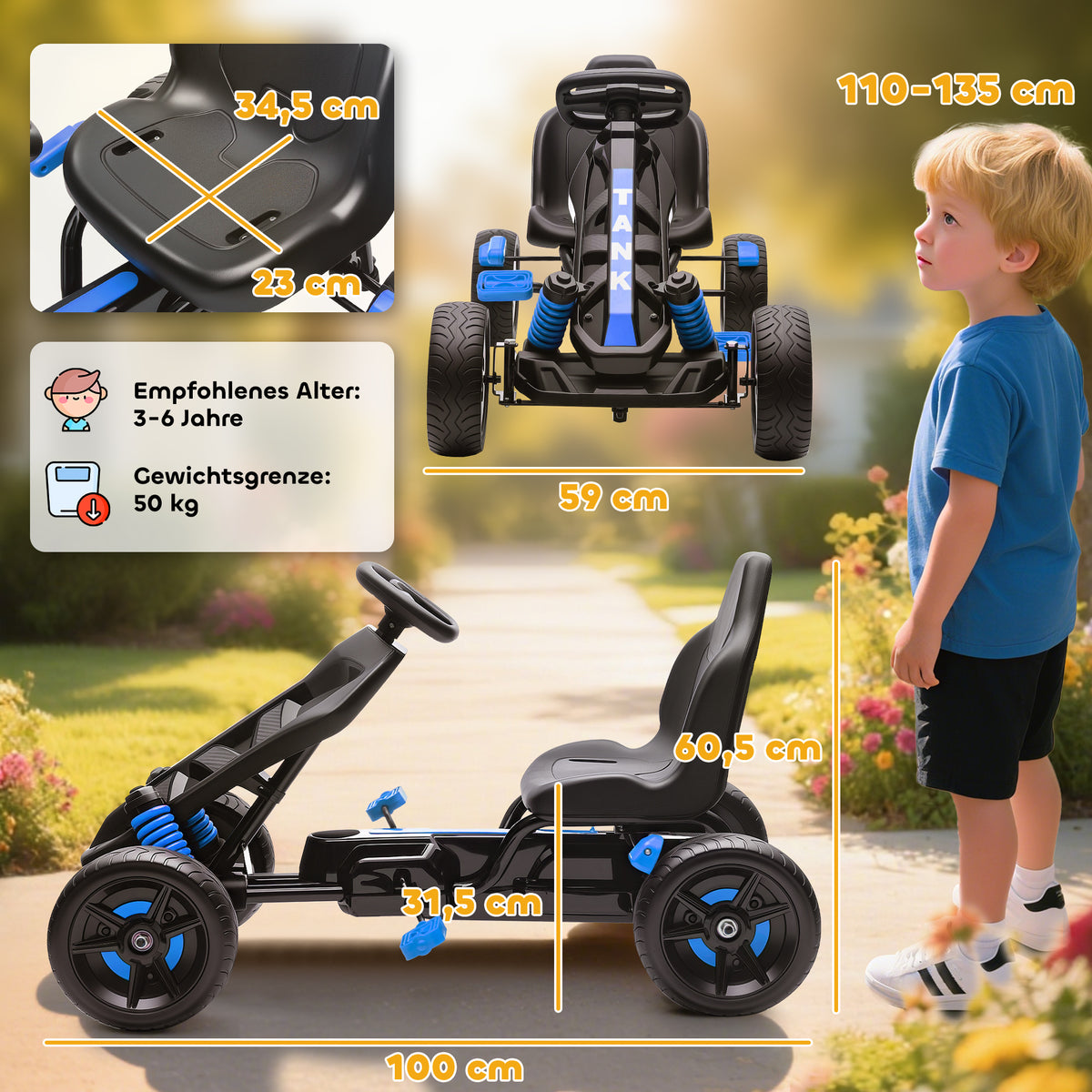 Pedal Go Kart for Kids Aged 3-6 Years, with Freewheel System, Brake, EVA Anti-Slip Wheels, Blue