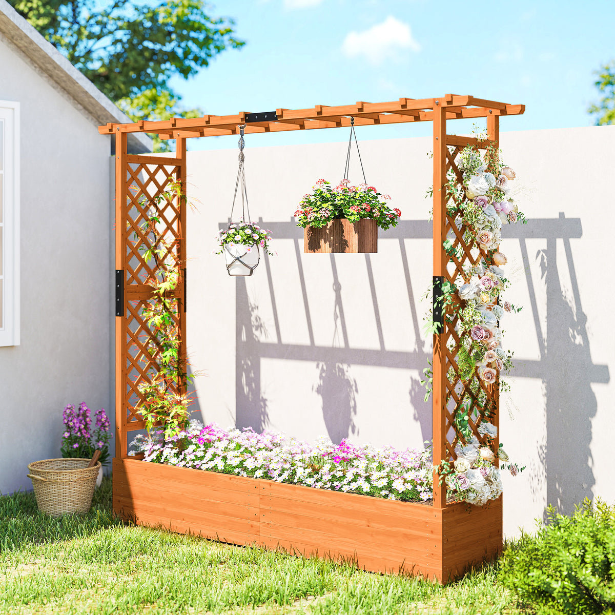 Hochbeet mit Rankengitter und Dach, f¨¹r Blumen, Obst, Gem¨¹se, Kr?uter, 196 x 44 x 181 cm, Holz, Orange