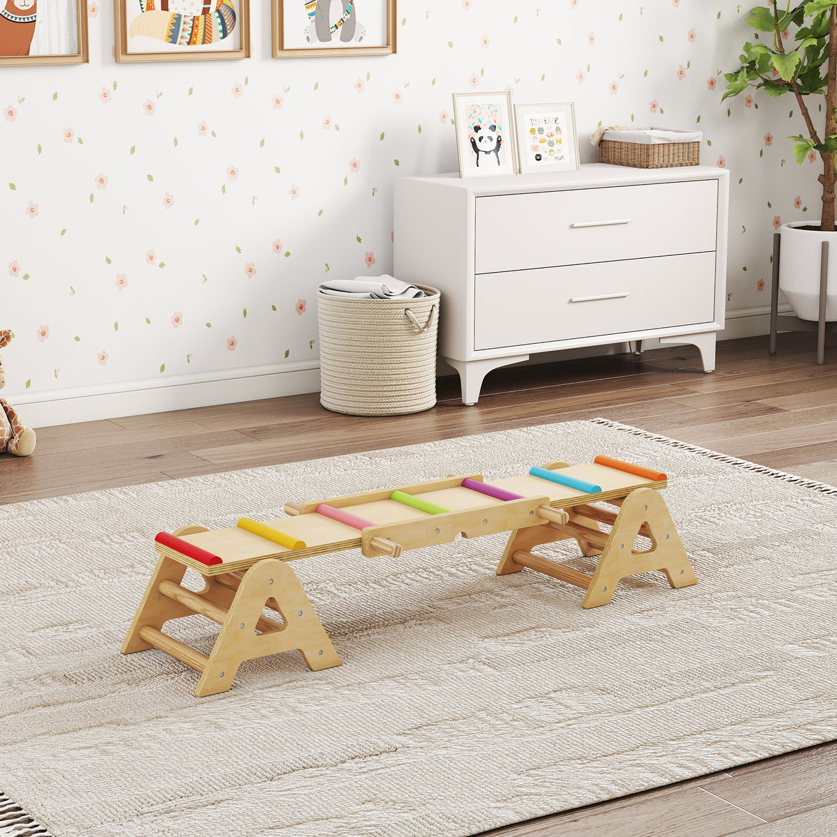 2 In 1 Balance Wippe Kinder, Schwebebalken aus Holz, Wippe Schaukelwippe Garten, Balance Board 133 x 38 x 24 cm