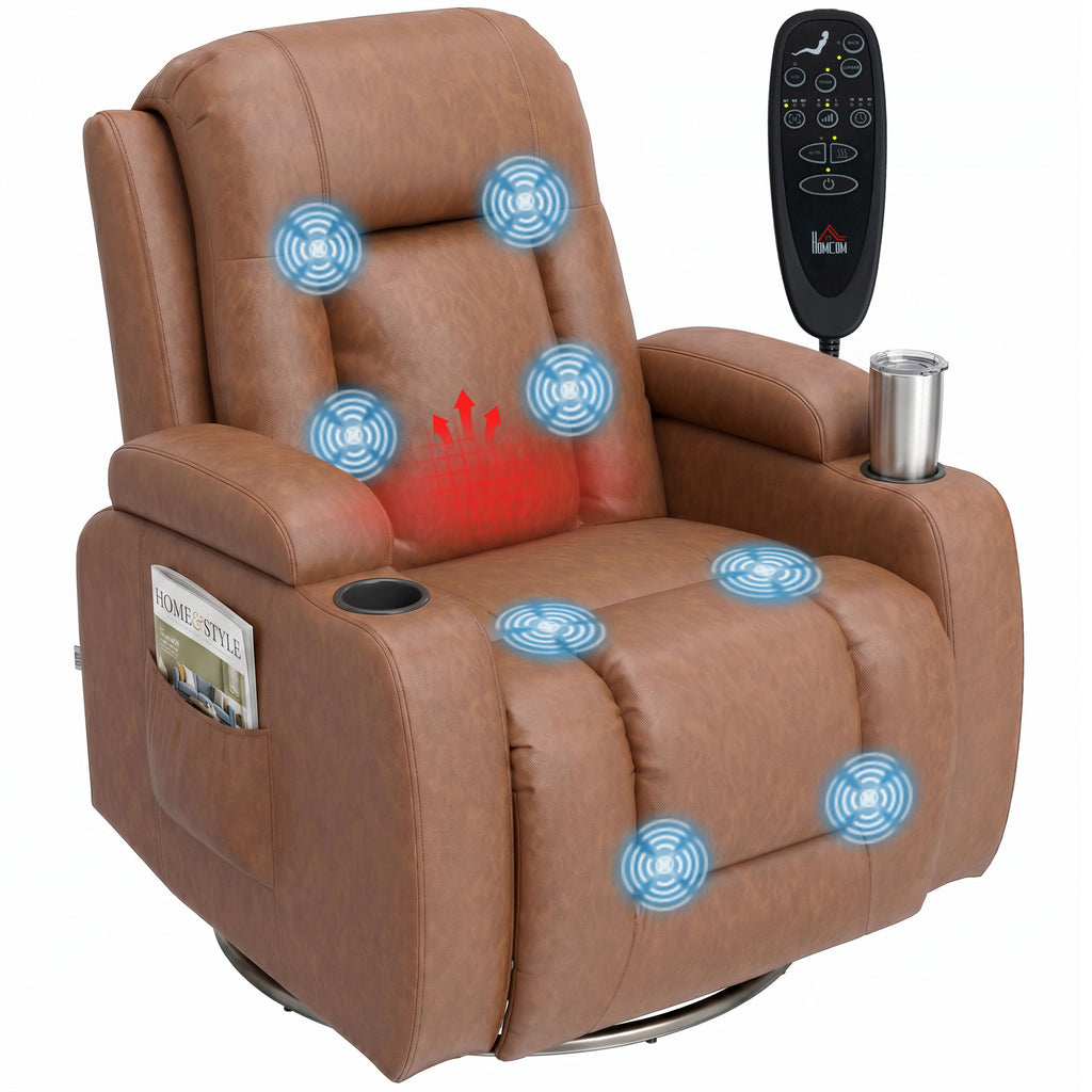 Massagesessel mit Wärmefunktion, drehbarer Schaukelsessel mit Fußstütze, Hellbraun