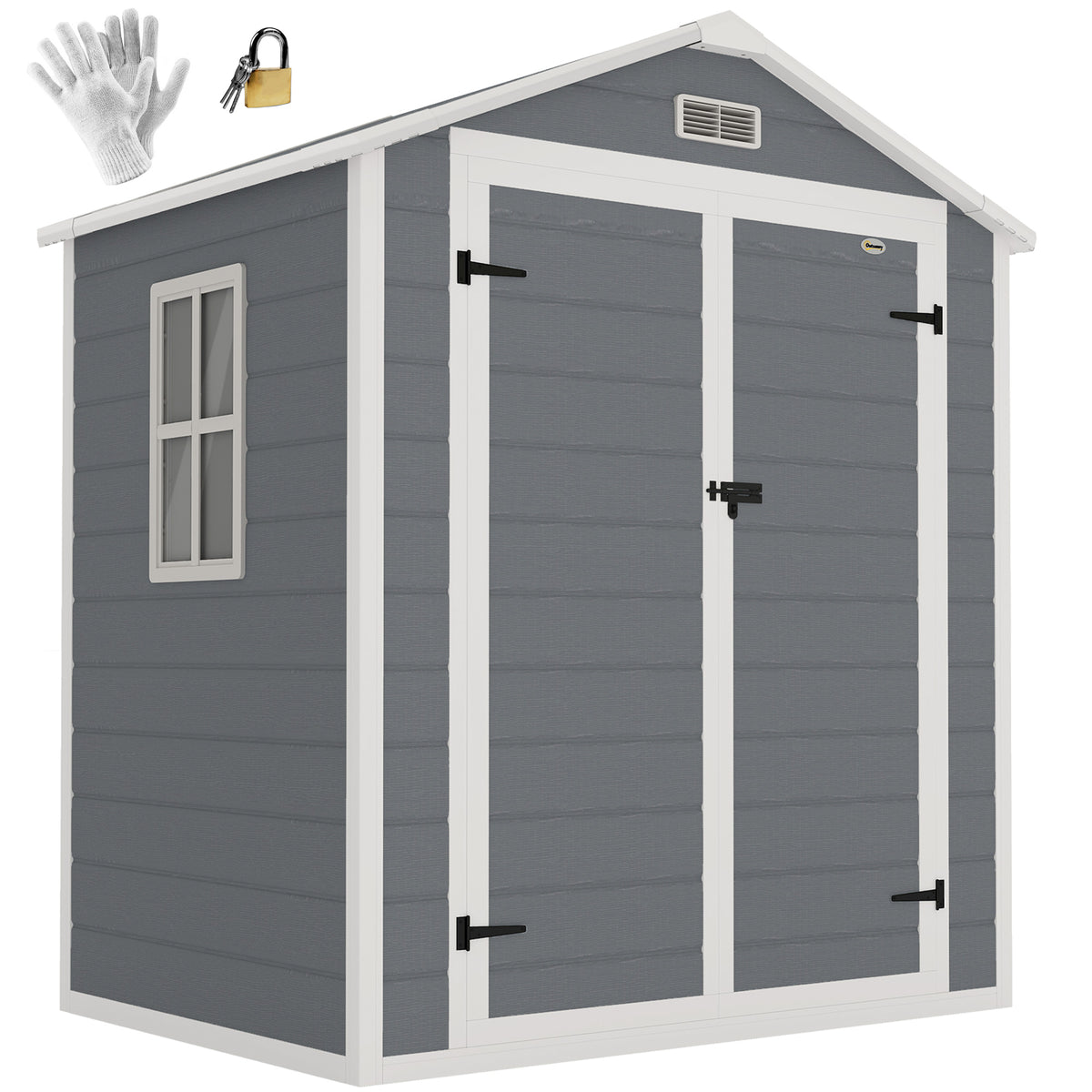 6'x4.5' Garden Storage Shed, Lockable Garden Shed with Double Doors, Window, Vent and Plastic Roof, Grey