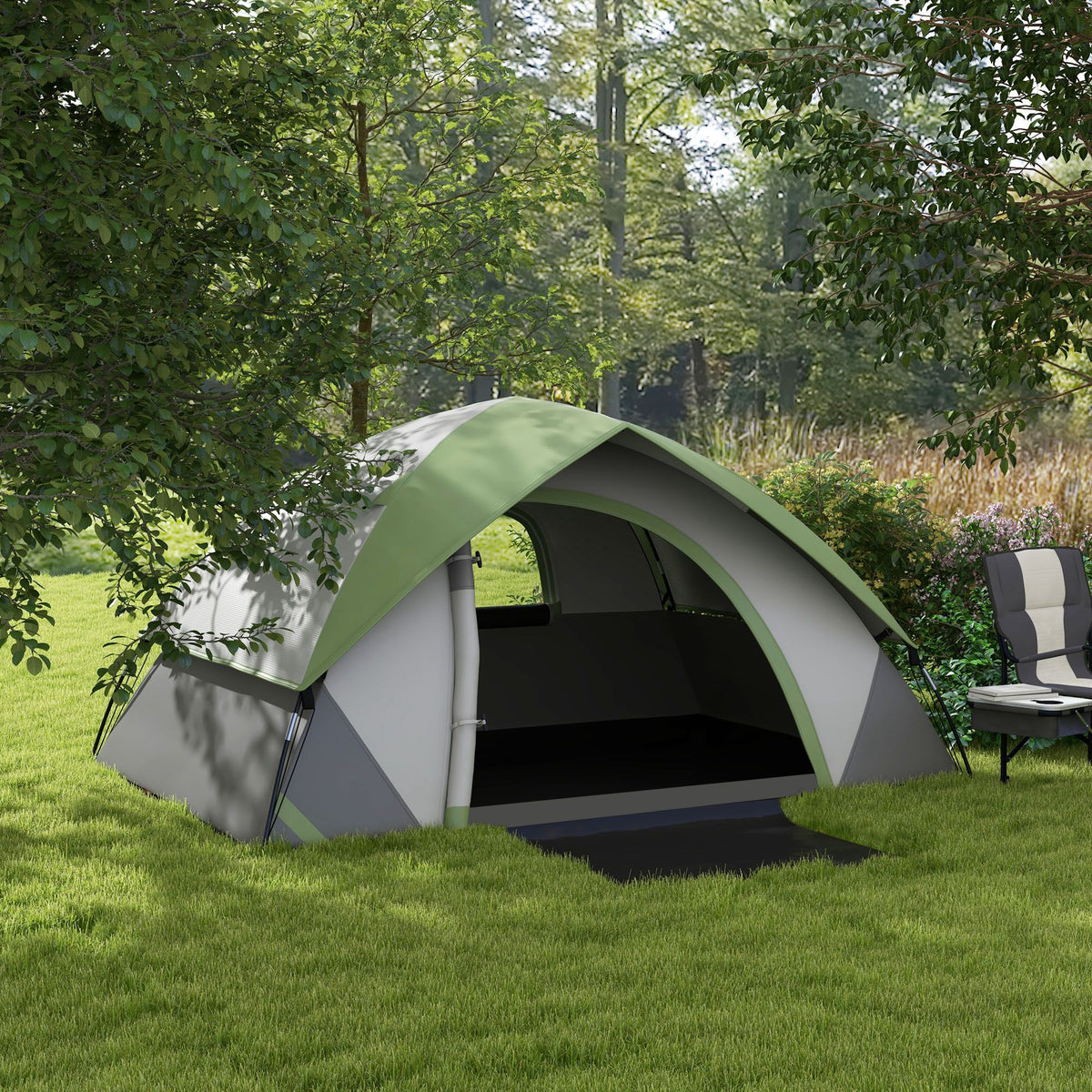 Two Man Single Room Dome Tent, with Accessories - Green/Grey