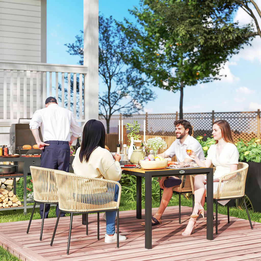 5-teiliges Gartenmöbel-Set, 4 Stühle, 1 Tisch, Kunst-Rattan, Stahlgestell, waschbare Kissen, für Terrasse, Khaki