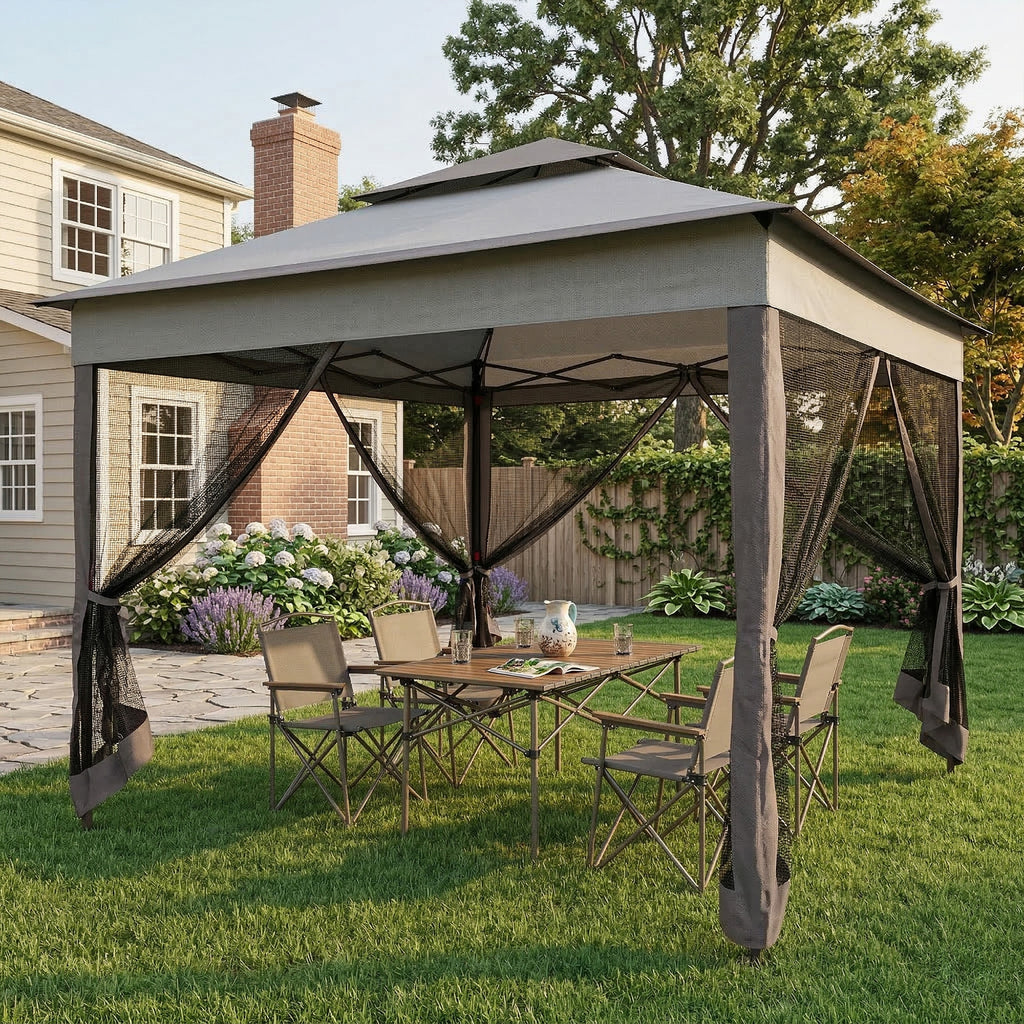 3.25 x 3.25m Deluxe Metal Gazebo, with Curtains - Brown and Grey