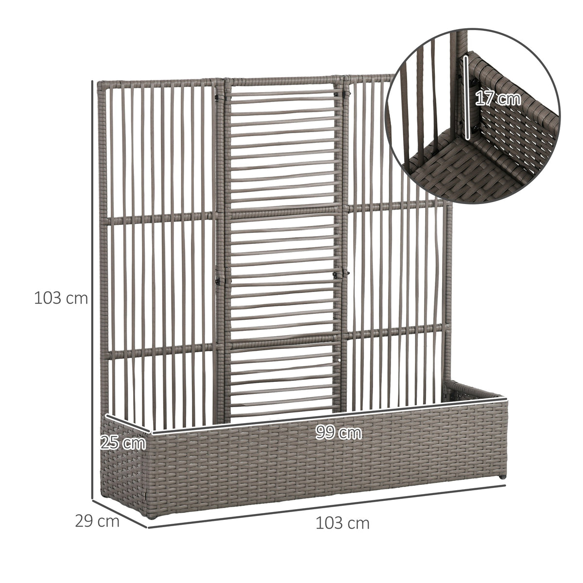 Blumenkasten mit Spalier, wetterfest, Polyrattan, 103 x 29 x 103 cm, Grau