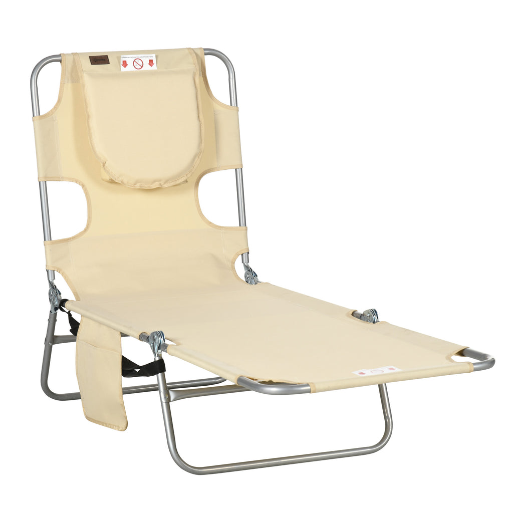Foldable Sun Lounger, Beach Chaise Lounge with Reading Hole, Arm Slots, 5-Position Adjustable Backrest, Side Pocket, Pillow for Garden, Beach, Camping, Beige