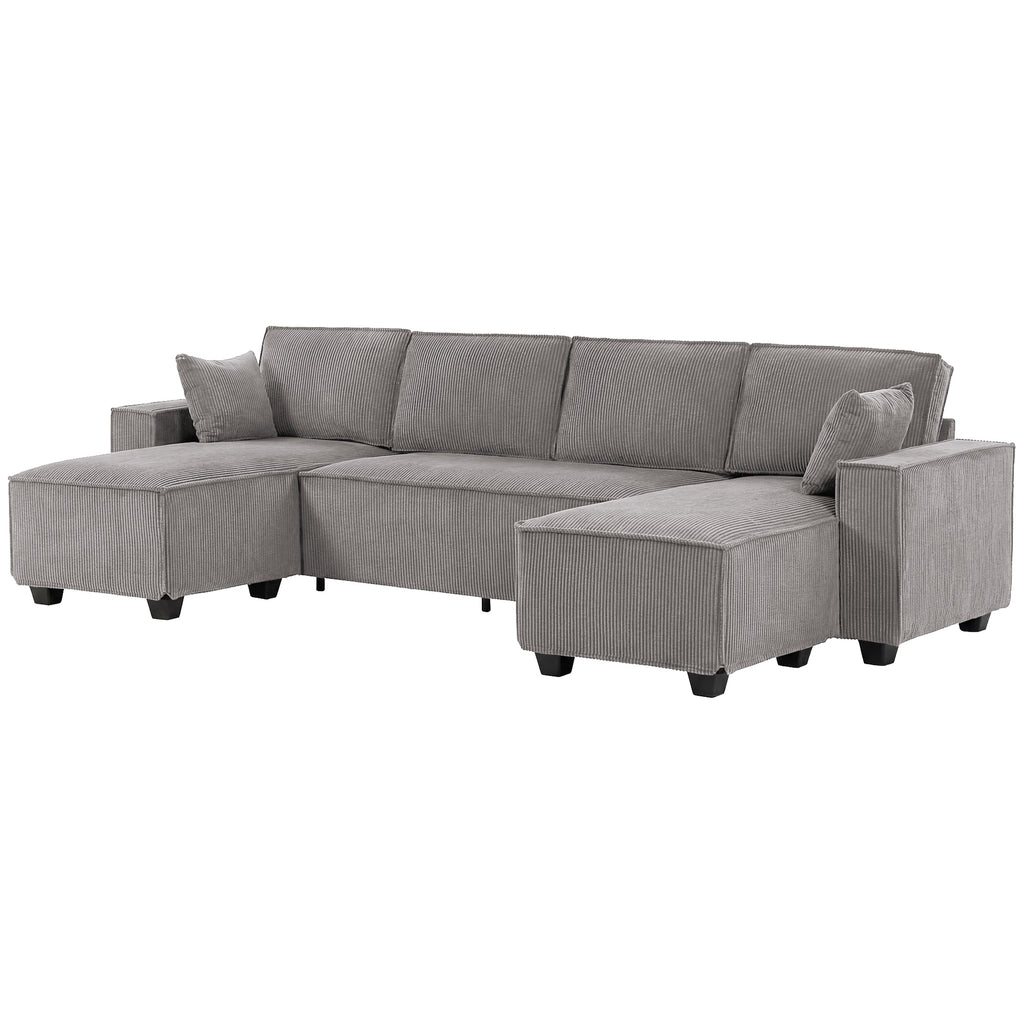 Ecksofa mit Doppel-Chaiselongues, U-förmiges Sofa aus Cordstoff mit breitem und tiefem Sitz, Federkernkissen, Hellgrau