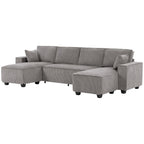 Ecksofa mit Doppel-Chaiselongues, U-förmiges Sofa aus Cordstoff mit breitem und tiefem Sitz, Federkernkissen, Hellgrau