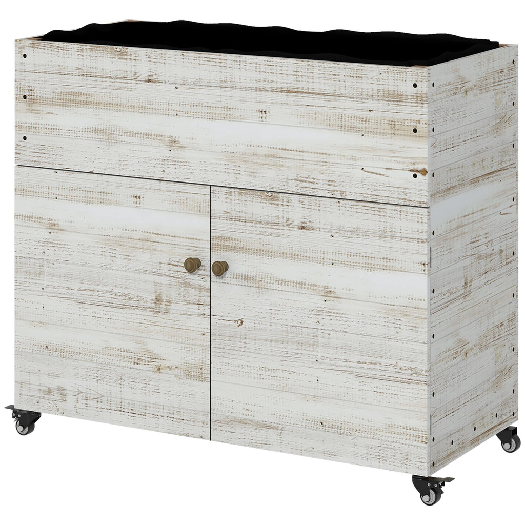 Hochbeet mit R?dern, Schrankfach, Innenauskleidung, Used Look, 110x50x95 cm, Wei?