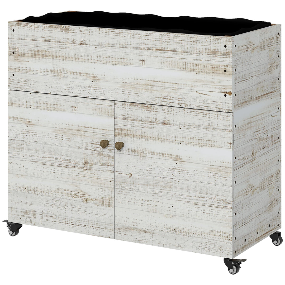 Hochbeet mit R?dern, Schrankfach, Innenauskleidung, Used Look, 110x50x95 cm, Wei?