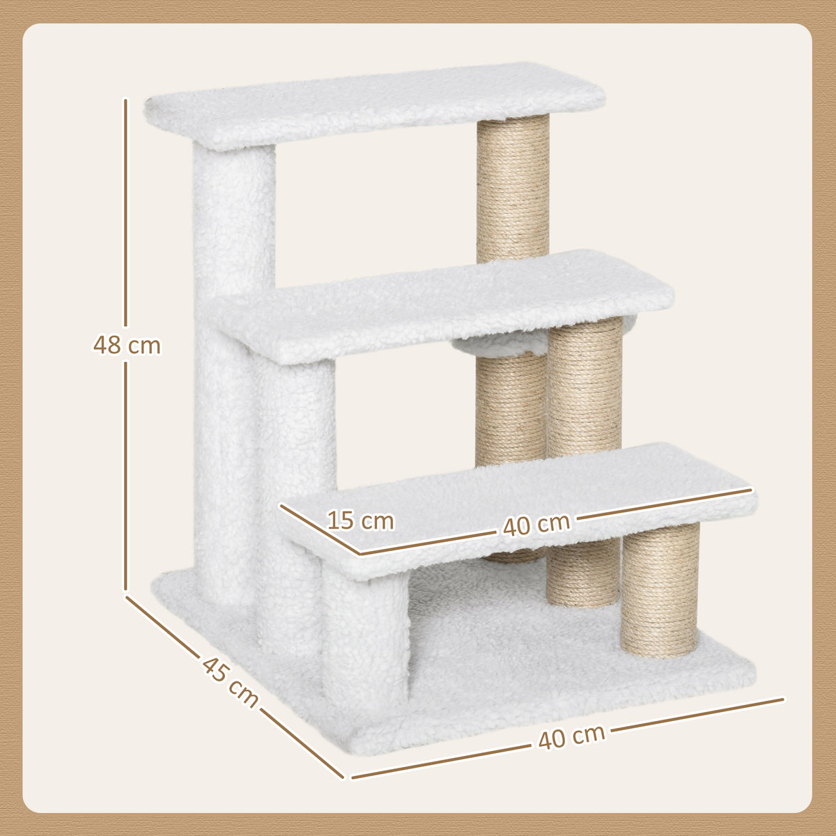 Pet Stair with 3-step Climb Ladder, Scratching Posts, Platforms, Toy Ball, for Indoor Elderly Cats Kittens, White
