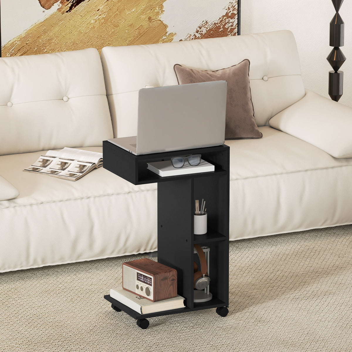 Beistelltisch C-Form Nachttisch mit 4 Regalen, Rollen, Couchtisch, Wohnzimmertisch Laptoptisch für Wohnzimmer Schlafzimmer 40 x 30 x 69 cm Schwarz