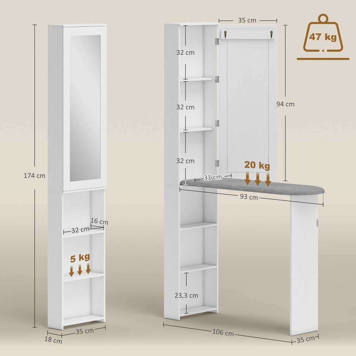 Faltbar Bügelbrettschrank mit Tür internen Regalen Spiegel Platzsparend Bügeltisch für Wäschepflege 106x35x174 cm Weiß