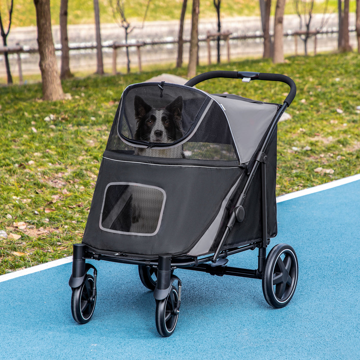 Foldable Pet Stroller, with Universal Wheels, Shock Absorber, for Medium and Large Dogs - Black