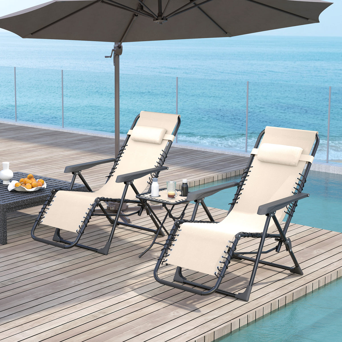 Gartenliege Set 3-TLG. Sonnenliege mit Teetisch 2 Liegest¨¹hle Kissen, Outdoor Liege 90x56x110 cm Beige
