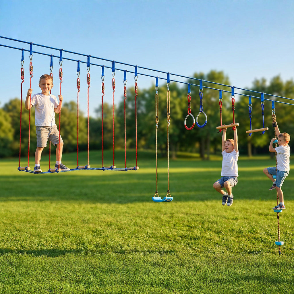 Ninja Line Kinder 24 m Slackline Set mit Turnringe 7 Hindernissen Kletterstange Balancierbrücke für 3-6 Jahre