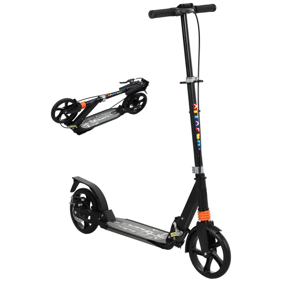Kids Scooter with Four-Level Adjustable Handlebar, Dual Brake System, 200mm Wheels, ABEC-7 Bearings, Black