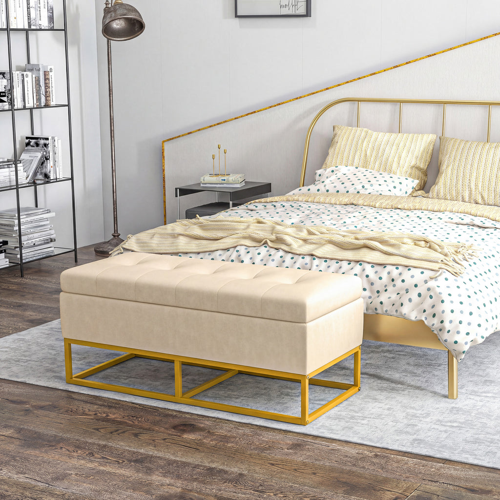 Sitzbank mit Stauraum, dekorative Knopfheftung, Flanelloptik, goldfarbene Stahlbeine, 110 x 47 x 46,5 cm