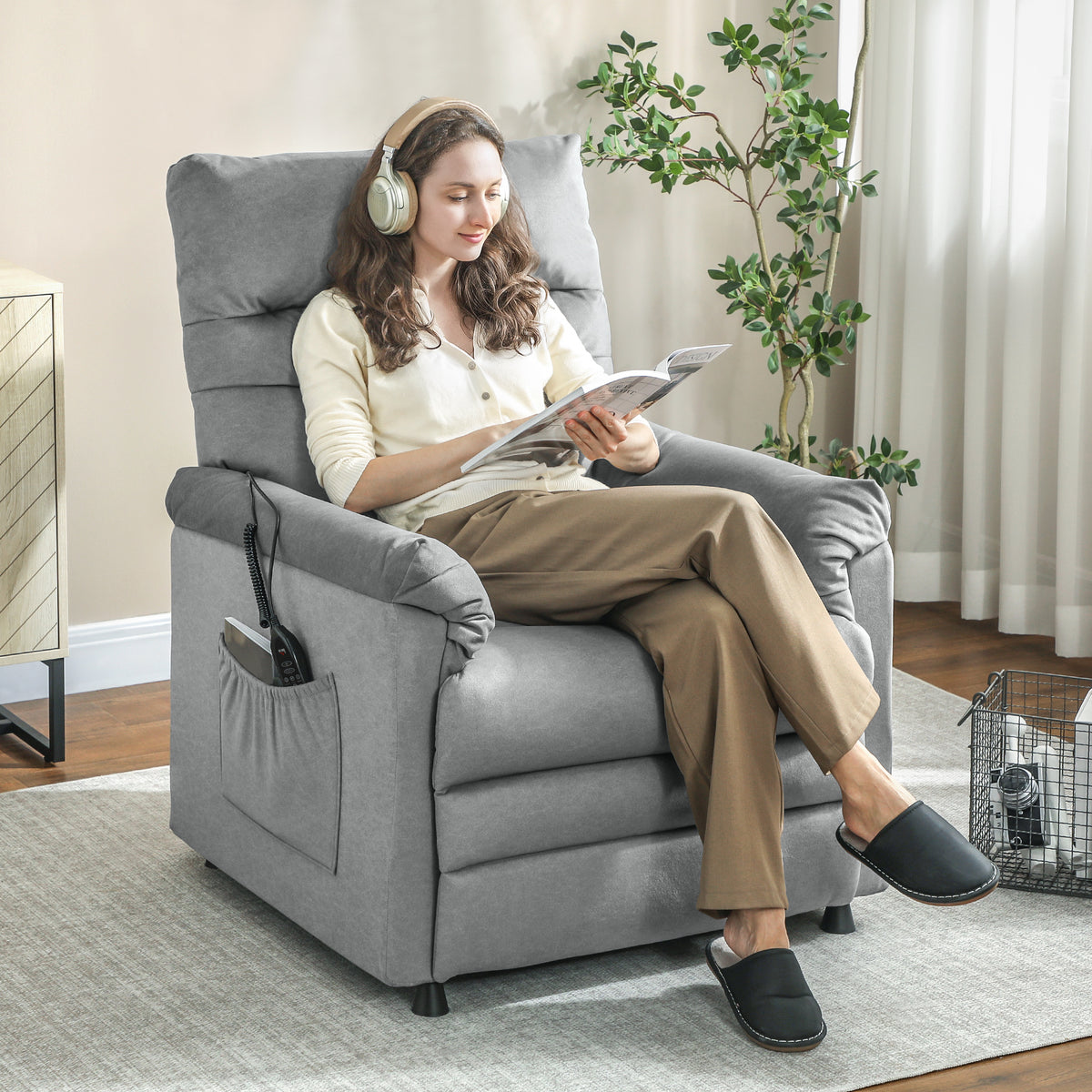 Relaxsessel, Fernsehsessel mit Liegefunktion, Lendenheizung, 2 Fernbedienungen, USB-Anschluss, Leisem Motor, Grau