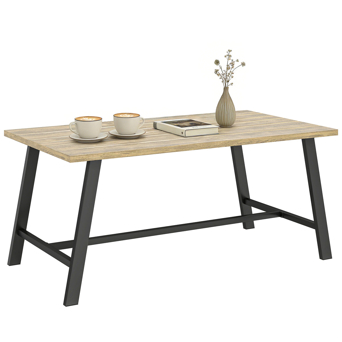 Outdoor-Couchtisch, rechteckiger Metall-Beistelltisch mit Tischplatte in Holzoptik, 100 x 55 cm, Braun