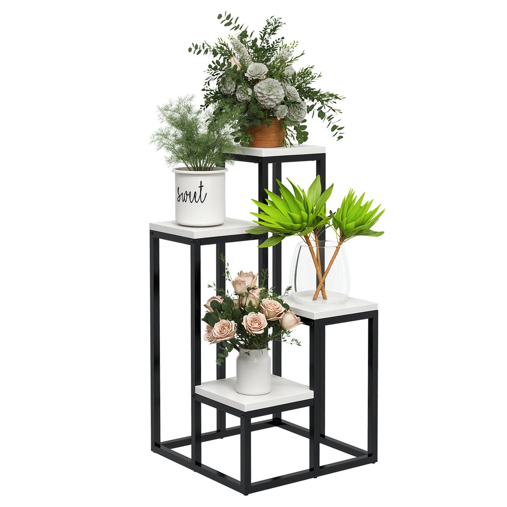 Blumenregal, 4 Etagen, Indoor & Outdoor, Metallrahmen, 34L x 34B x 70H cm, Schwarz+Wei?