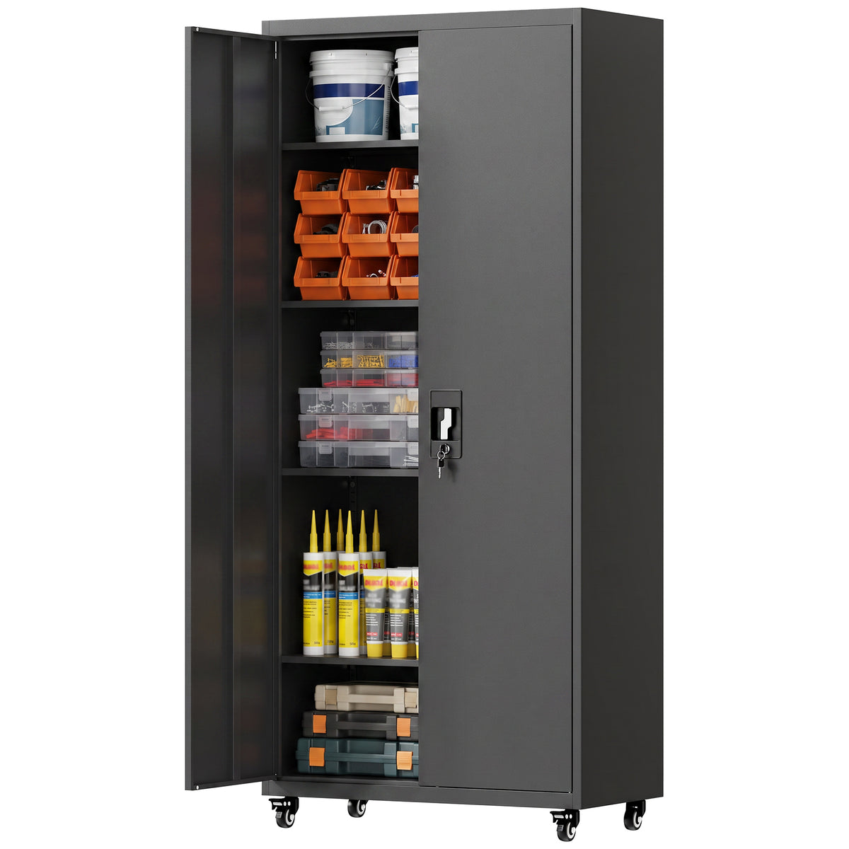 Metal Storage Cabinet, 180 cm Tall Lockable Steel Tool Cabinet with Removable Wheels and Adjustable Shelves, Black