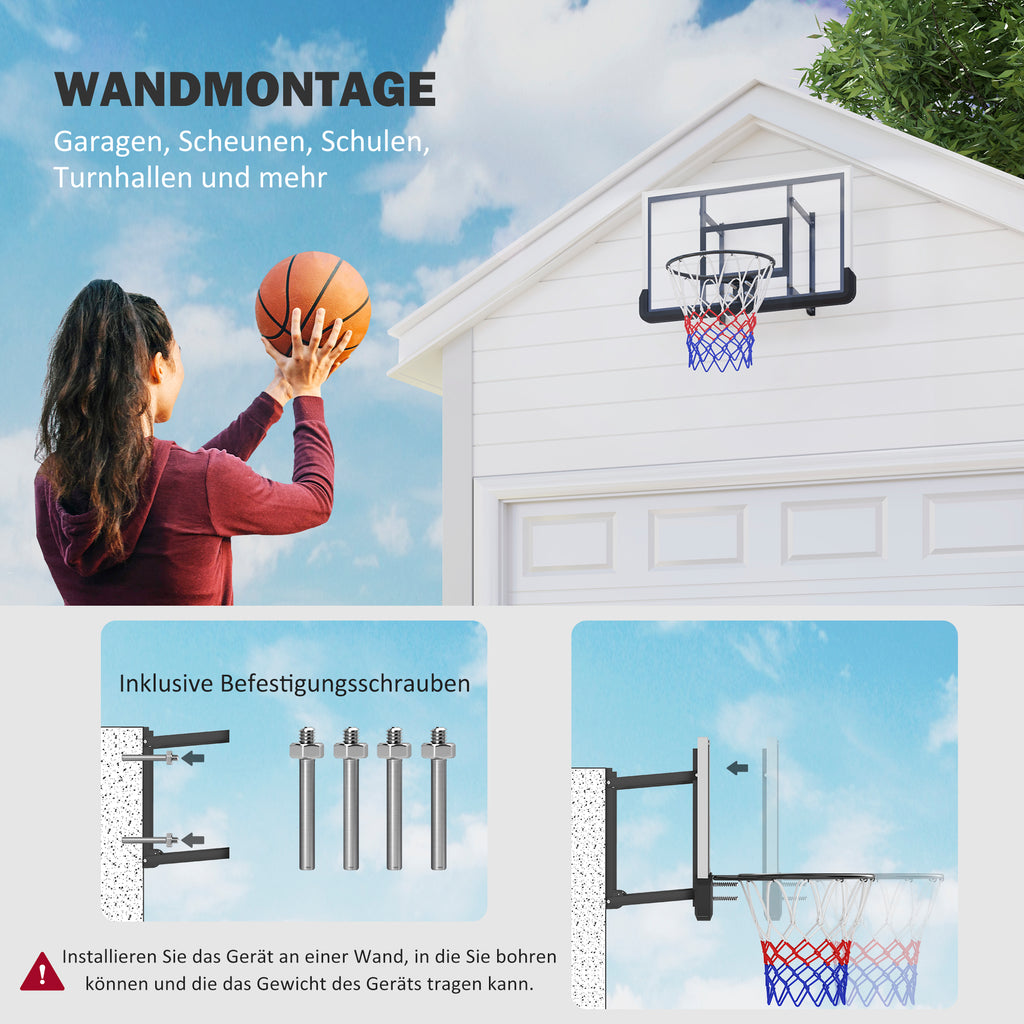 Basketballkorb für Wandmontage, gefederter Korb, bruchsichere Rückwand, Schwarz