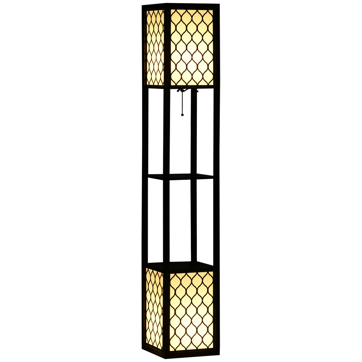 Stehleuchte im modernen Design, 2 Ablagen, Ziehkettenschalter, 26 cm x 26 cm x 156 cm, Schwarz + Weiß