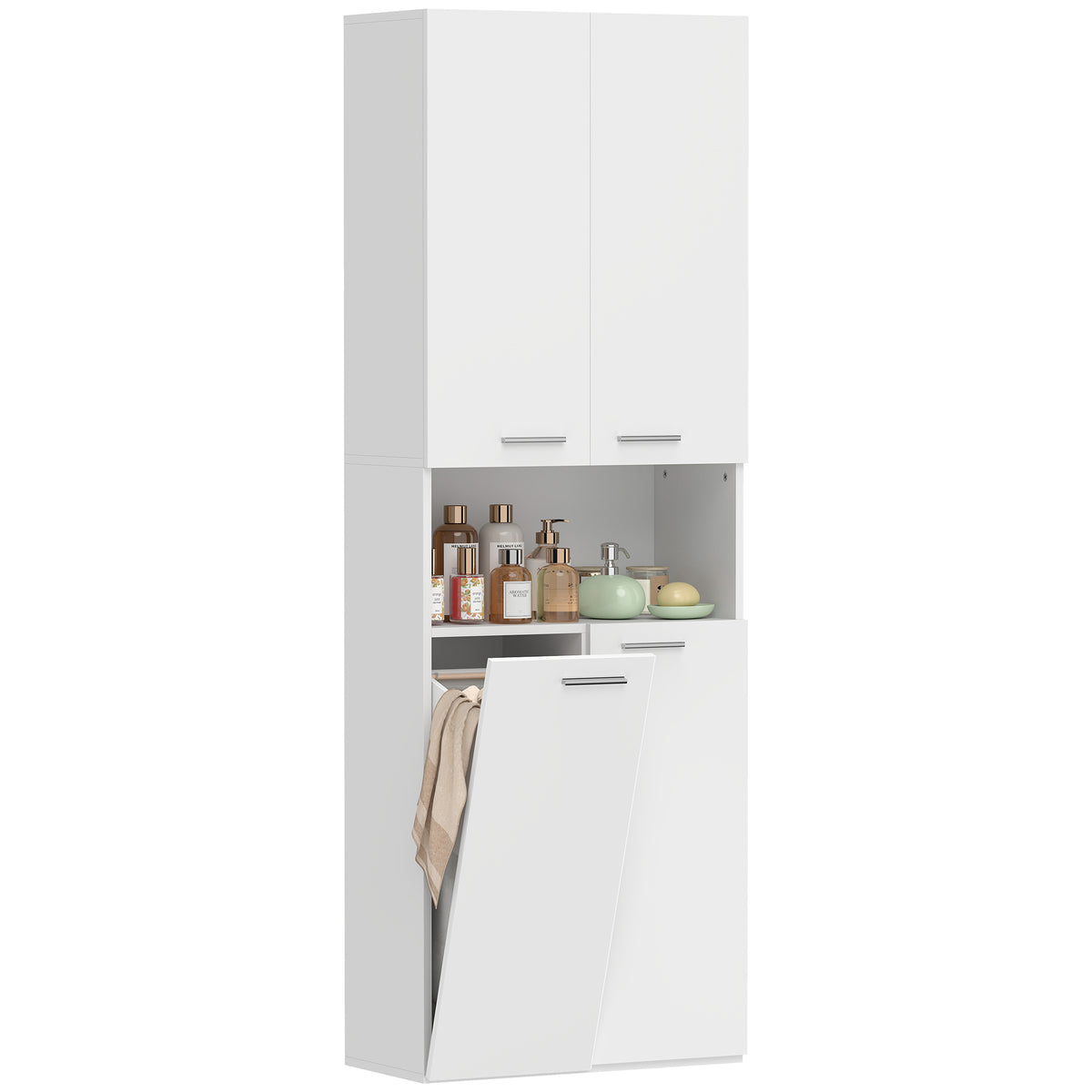 174 cm hoher Badezimmerschrank mit ausklappbarem Wäschekorb und Soft-Close-Türen, Weiß