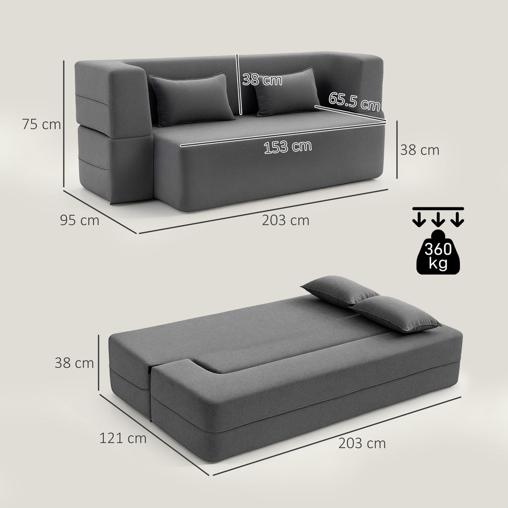 2-Sitzer-Schlafsofa aus Schaumstoff, Schlafcouch mit breiten Armlehnen, 2 Kissen, 360 kg Belastbarkeit, Grau