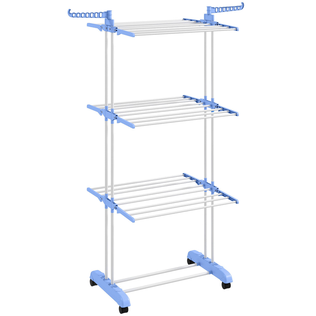 Foldable Clothes Drying Rack, 4-Tier Steel Garment Laundry Rack with Castors for Indoor and Outdoor Use, Blue