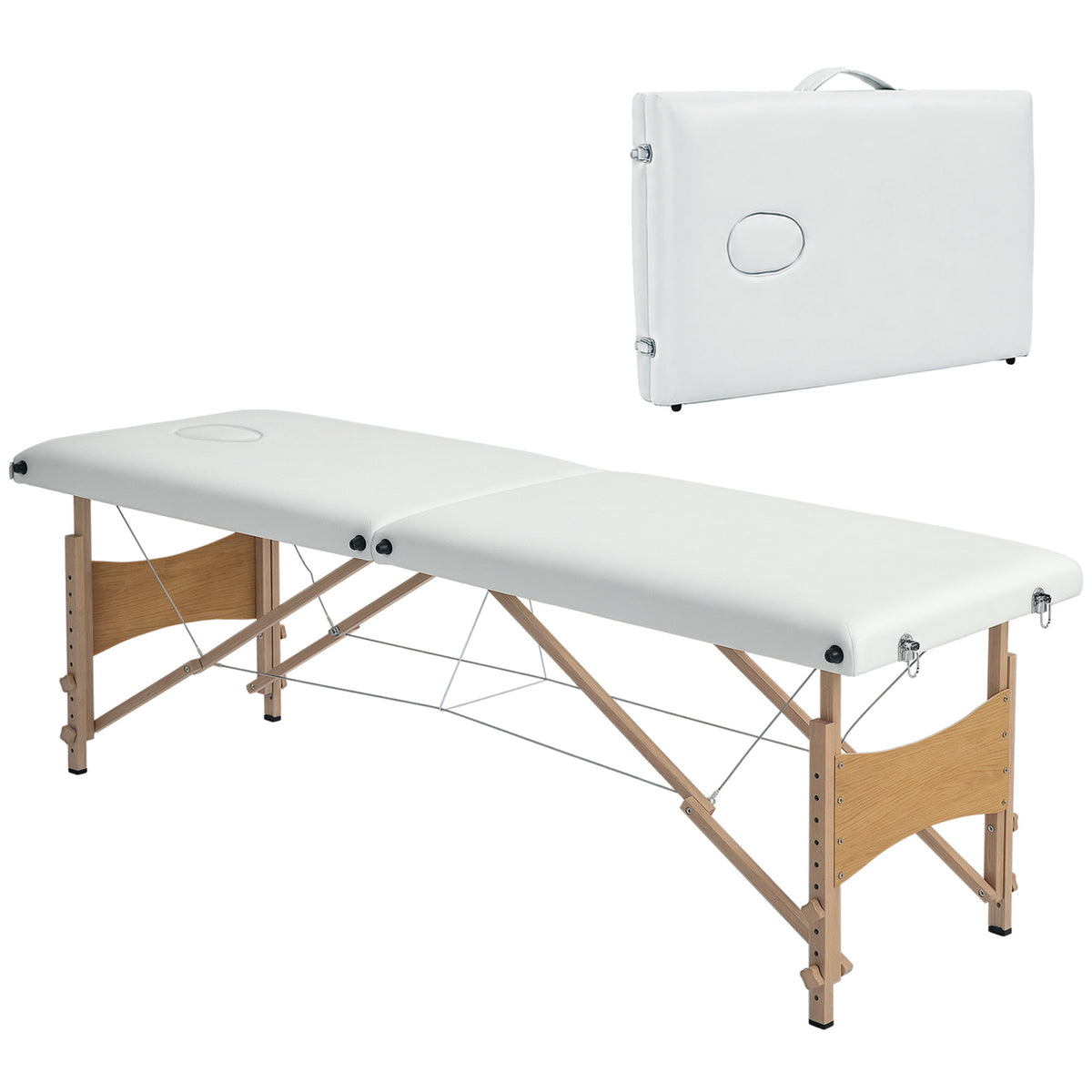 Mobile Massageliege 2 Zonen Klappbar Höhenverstellbar Massagetisch 60 cm Breit mit Tragetasche Holzfüßen Cremeweiß