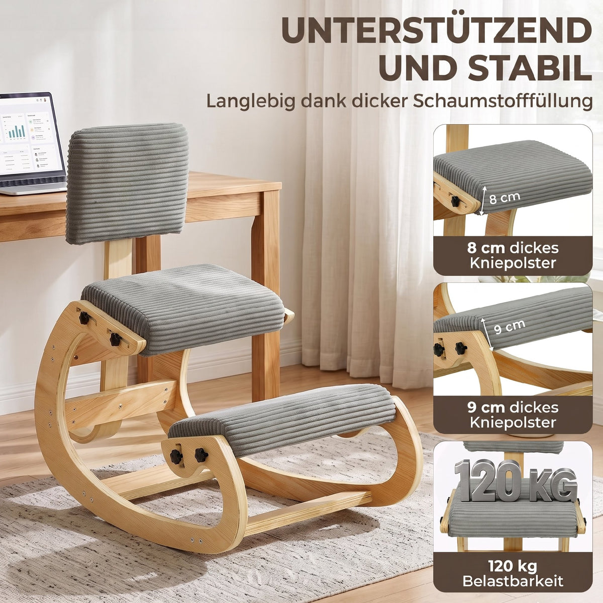 Ergonomischer Kniestuhl mit Rückenlehne, Cord-Optik, Grau