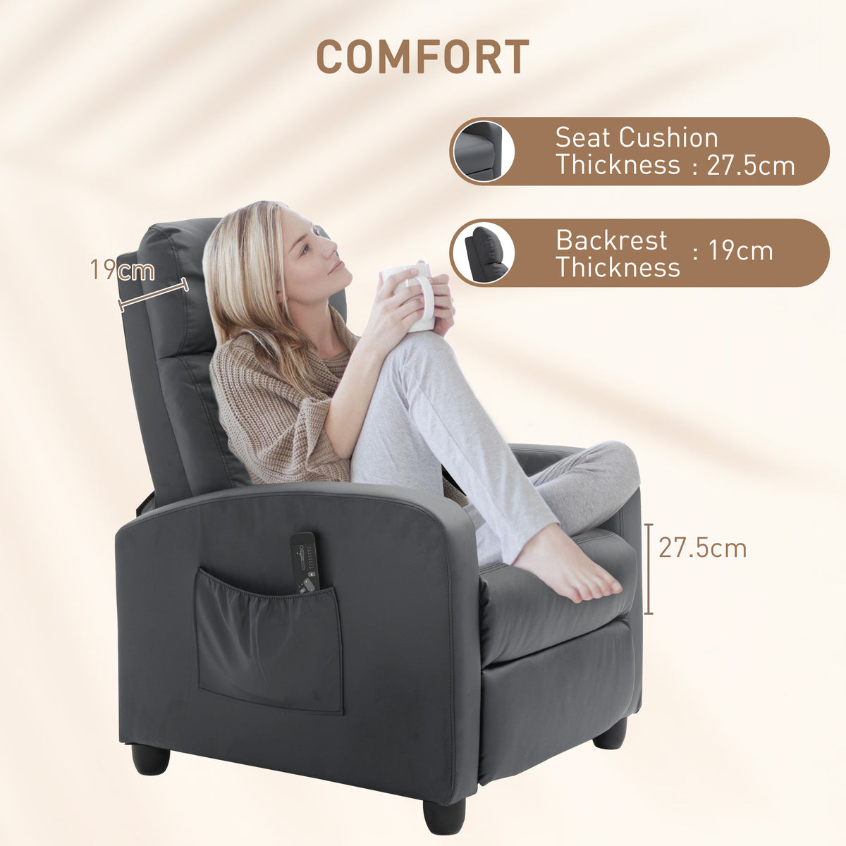 Relaxsessel Fernsehsessel mit Vibrationsmassage, Liegefunktion, 2 Massagepunkte, Fernbedienung, 68 x 88 x 98 cm Grau