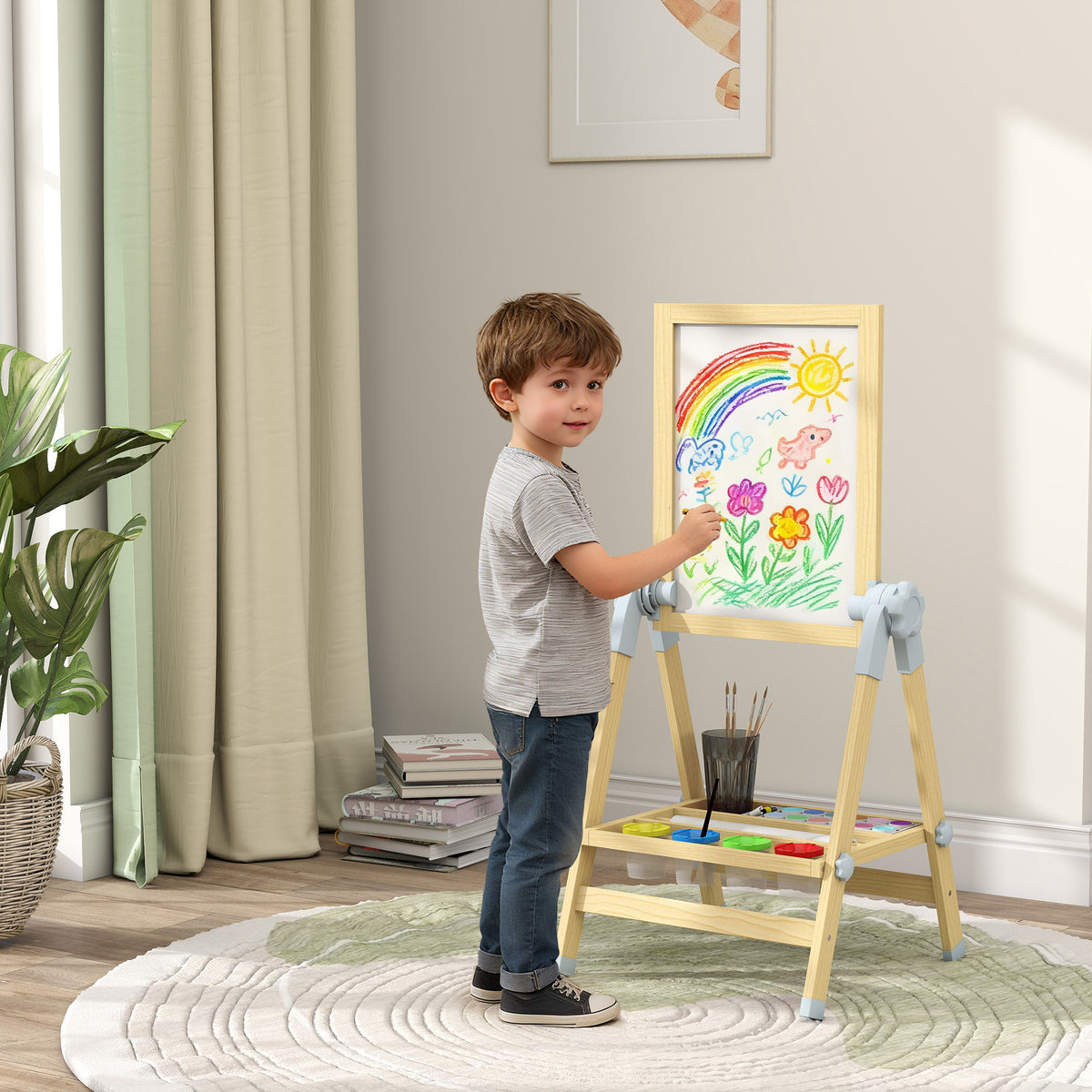 Kinder Staffelei aus Holz, Doppelseitige Whiteboard und Tafel Höhenverstellbar Standtafel mit Papierrolle, Ablage, Natur