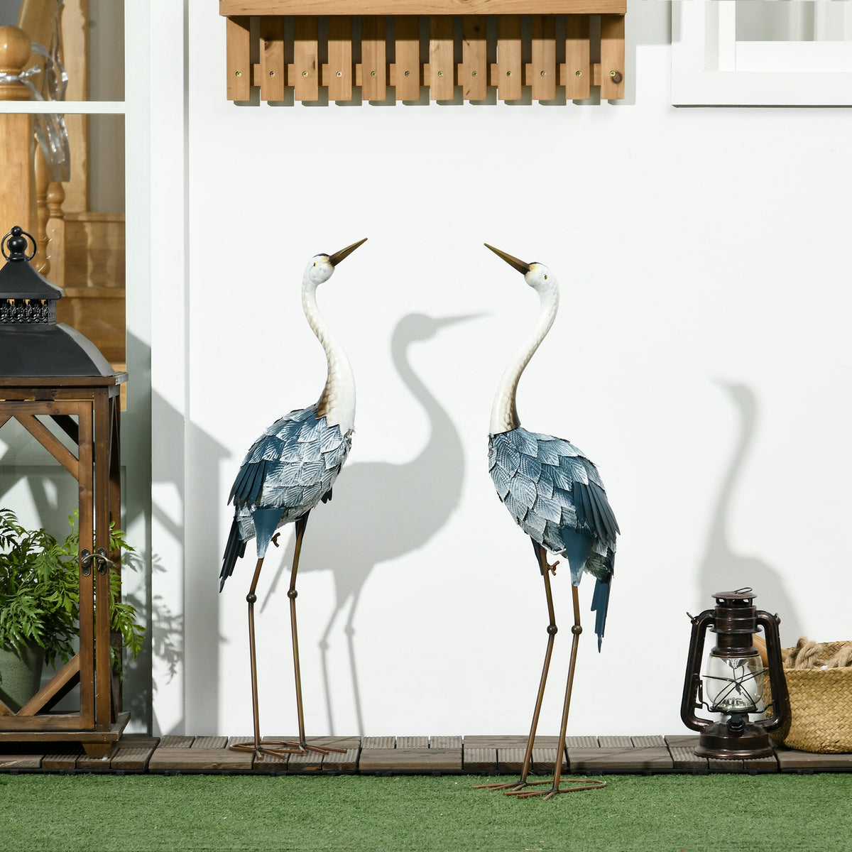 Gartenfigur Kraniche, 2-er Set, rostfrei, wetterfest, farbbest?ndig, Stahl, 26 x 15 x 74 cm, Blau/Wei?/Grau