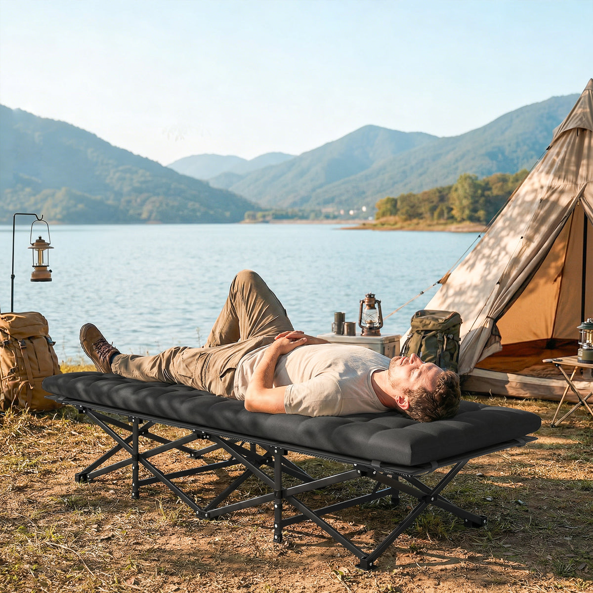 Feldbett faltbar Campingbett mit Tragetasche Campingliege bis 200 kg Indoor, Outdoor, 200 x 80 x 40 cm Schwarz