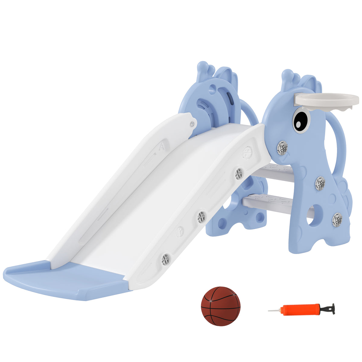 3 in 1 Kids Slide with Climber, Basketball Hoop and Ball, Giraffe Shape Climber Slide for Indoor Kids Age 1-3, Blue
