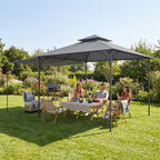 Pavillon 3,2x3,2 m Stabil Winterfest Gartenpavillon mit ausziehbaren Dachüberstand, Doppeldach Dunkelgrau