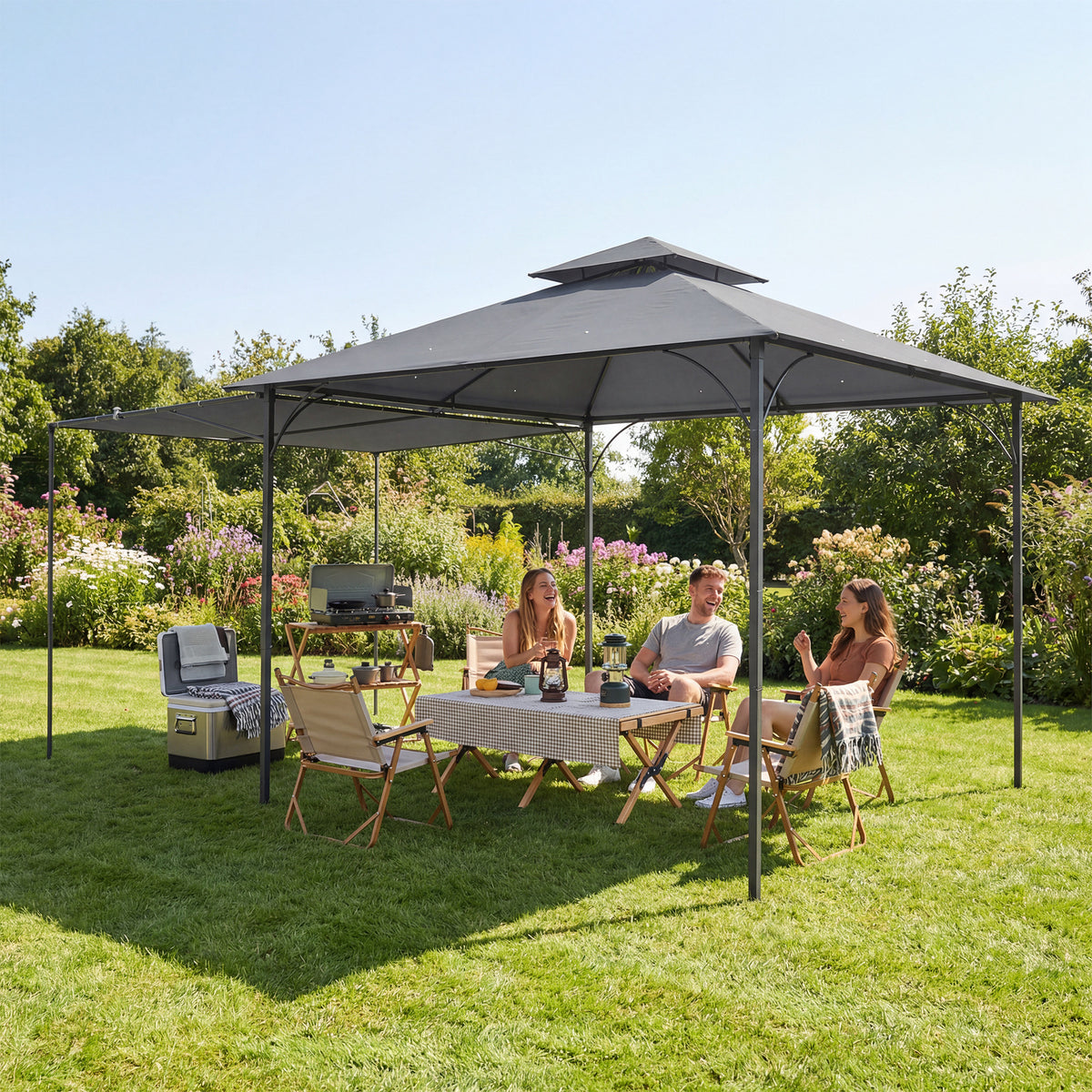 Pavillon 3,2x3,2 m Stabil Winterfest Gartenpavillon mit ausziehbaren Dachüberstand, Doppeldach Dunkelgrau