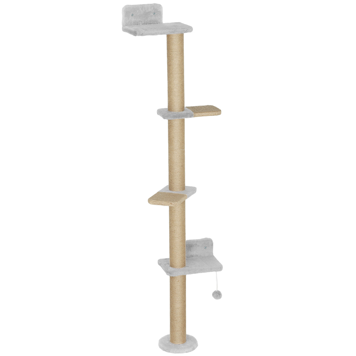 Wall Mounted Cat Shelves, Cat Climbing Wall with 4 Climbing Platforms, Jute Scratching Post and Toy Ball,180cm Tall, Light Grey