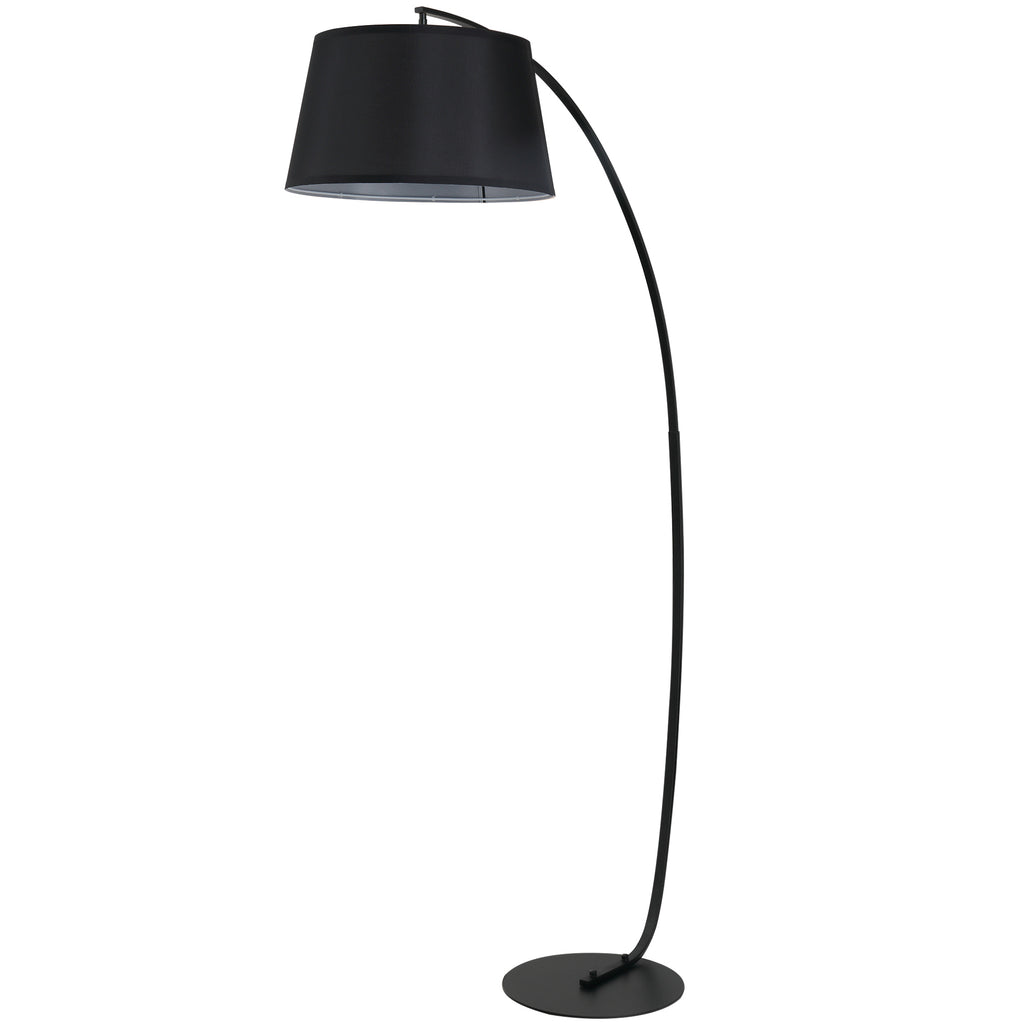 Stehlampe, Gebogene Stehleuchte mit Stoffschirm, Bodenlampe mit runder Basis, Metall, 105L x 47B x 190H cm, Schwarz